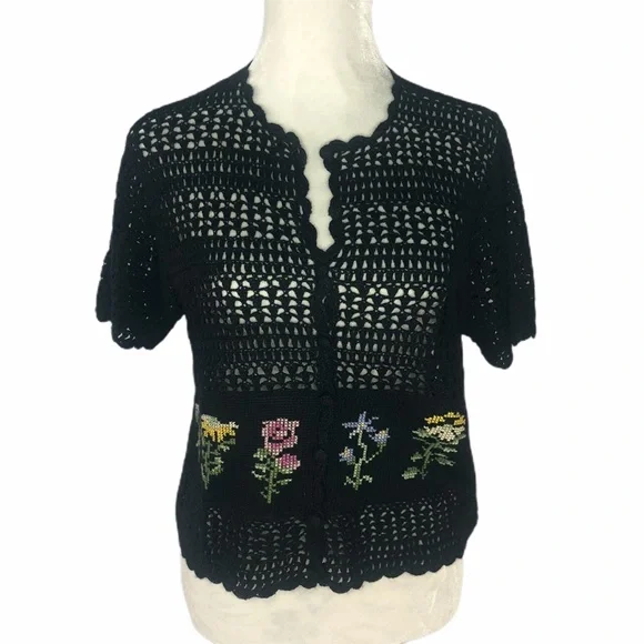 Teddi Vintage Woman’s Festival Black Crochet Top - Picture 1 of 6